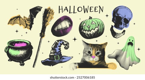 Halftone Halloween vector of eerie elements: cat, pumpkin, bat, and skeleton. Art set with y2k, retro, and spooky vibes for Halloween.