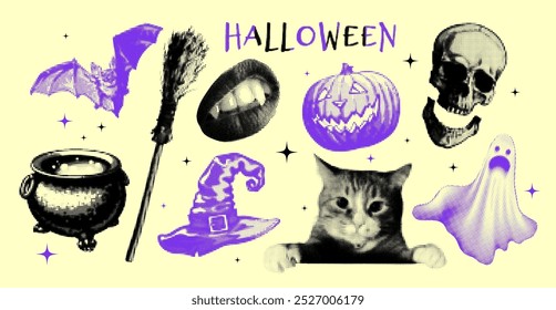 Halftone Halloween vector of spooky components, including cat, pumpkin, bat, and skeleton. Art set adds trendy touch to any celebration.