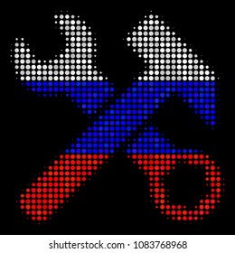 Halftone Hammer And Wrench icon colored in Russia state flag colors on a dark background. Vector pattern of hammer and wrench icon made with spheric elements.