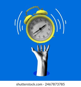 Halftone hand and alarm clock. Pop art style modern collage. Time planning. Ringing alarm clock. Newspaper elements. Deadline concept. Human hand controls time