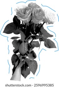 Halftone Hand With Bouquet Of Roses Vector Illustration