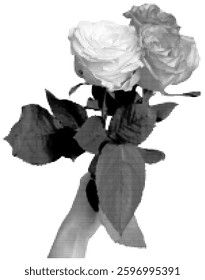 Halftone Hand With Bouquet Of Roses Vector Illustration