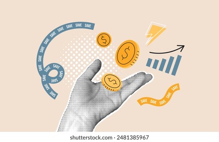 Halftone hand catches illustrated coins. Saving money, financial success collage concept. Words save on bunting tape, grow up graphic. Business image montage design. Vector art.