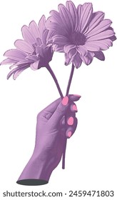  halftone hand collage in a bright pink retro style with flowers . Vector illustration