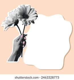 Halftone Hand Collage auf einem pfirsichfarbenen Hintergrund Retro-Stil mit Blumen und groovigem Rahmen . Vektorillustration