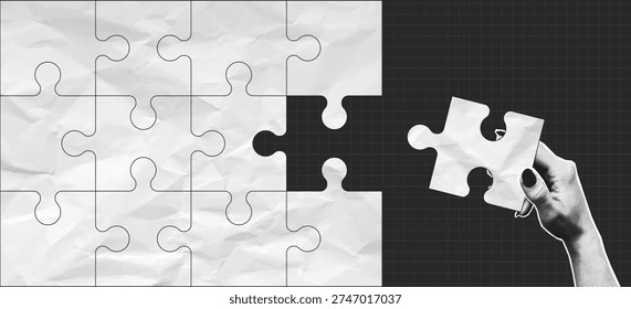 Halftone hand connects missing piece of jigsaw puzzle. Collage design with incomplete jigsaw puzzle and hand that connects missing part. Vector illustration.