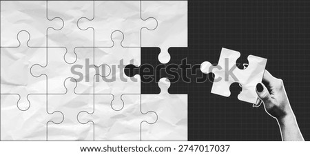Halftone hand connects missing piece of jigsaw puzzle. Collage design with incomplete jigsaw puzzle and hand that connects missing part. Vector illustration.