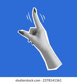 Halftone hand gesture with index finger. Collage graphic element. Vector illustration.