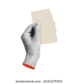Halftone Hand Gesture Retro Vector Holding Torn Ripped Paper Note Message Communication Reminder Creative Expression