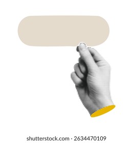 Mão de meio-tom gesto vetor retro segurando papel bege banner fala balão diálogo mensagem comunicação fala expressão