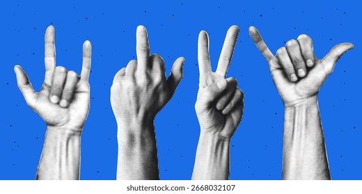 Halftone hand gesture set, featuring expressive fingers in punk, rock, peace, and shaka poses. Collage clipart with a gritty, bold aesthetic perfect for zines, posters, streetwear designs, stickers