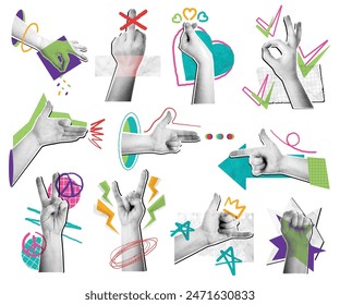 Halftone hand gestures collage. Mixed media hands compositions, pop art pointing gestures and hand signs scrapbooking style isolated vector set