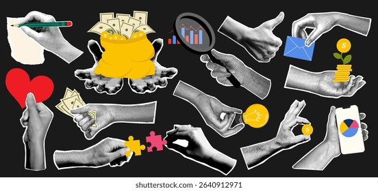 Halftone hand gestures, human arm sign or symbol, finger touch on mobile phone, retro comic grunge sticker and y2k doodle collage with torn paper, money, light bulb icon and business idea infographic.