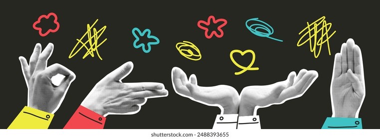 Halftone hand gestures set. Drawn clothes in hand drawn. Collection of Element and Shape. Scribble. Vector illustration. Trendy style. Collage torn paper. Retro y2k style. Doodle. Funky punk. Graffiti