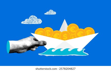 Halftone hand guides a origami ship full of money. Leading to financial success. Modern collage.  Leadership concept. Boat with investments