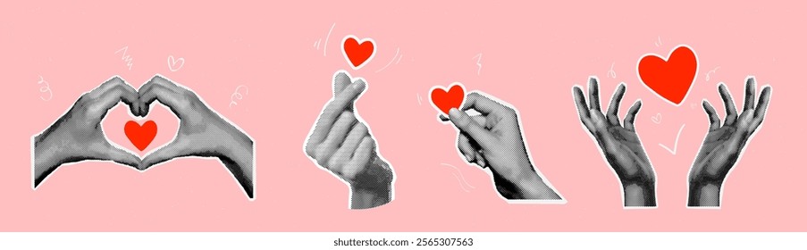 Halftone hand heart. Realistic hands love gestures vintage collages valentine day romance wedding, loving like promise korean hearts gesture romantic language vector illustration original artwork