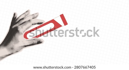 Halftone hand hold test tube with blood. Collage vintage banner with copy space. Medicine pop art illustration. Vector illustration