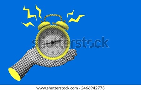 Halftone hand holding alarm clock. Pop art style modern collage. Ringing alarm clock. Newspaper elements. Idea, deadline concept.