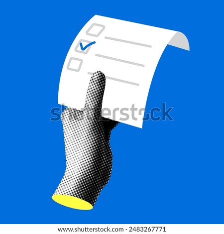 Halftone hand holding a ballot. Modern collage with newspaper trendy parts. Vote concept. Election and suffrage concept