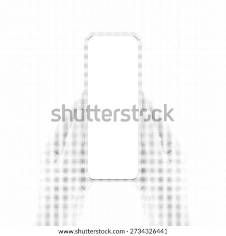 Halftone hand holding blank vertical smartphone outline in black and white