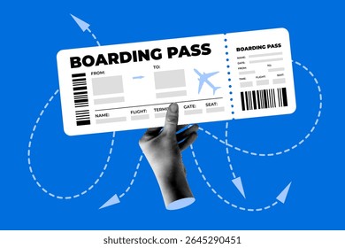 Mão de meio-tom segurando o cartão de embarque do avião. Viagens, conceito de turismo. Bilhete de avião. Vá em uma aventura. Férias. Colagem moderna