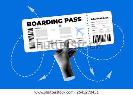 Halftone hand holding boarding pass for plane. Travel, tourism concept. Airplane ticket. Go on an adventure. Vacation time. Modern collage
