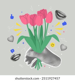 Mão de meio-tom segurando buquê de flores. Colagem retro moderno moderno moderno moderno para design de férias, cartão, cartaz. Ilustração vetorial.