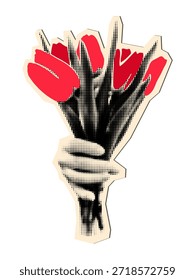 Halftone Hand, die einen Haufen roter Tulpen hält Ausschneiden aus dem Magazin Frühlingsblumen, Vintage-Aufkleber mit Punkttextur und Doodles Moderne Retro-Grunge-Mixed-Media-Vektorgrafik für Collage und Scrapbook