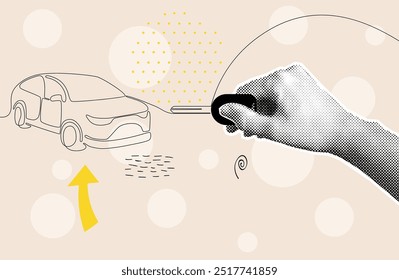 Mão de meio-tom segurando a chave do carro. Conceito de carro vetorial. Ilustração gráfica de desenho de linha única.