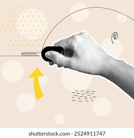 Halftone hand holding car key. Single line draw graphic illustration.