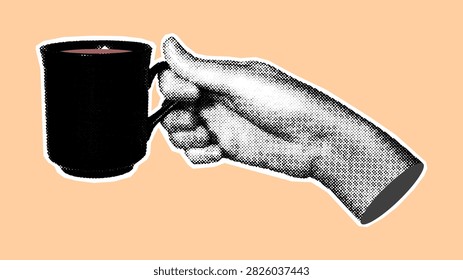Halftone hand holding dark coffee mug with brown liquid on beige background. Vector illustration for coffee culture, morning routine, and lifestyle concepts.