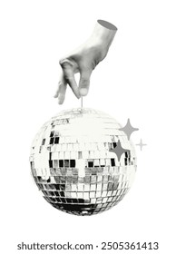 Halftone hand holding disco ball hanging on string collage element. Cut out of a magazine party festive symbol. Trendy modern retro vector illustration isolated on transparent background