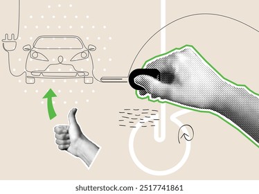 Halftonhand, die einen Elektroautoschlüssel hält. Vektorkonzept für Elektroautos. Grafische Illustration mit einzeiliger Zeichnung. Sorge für die Umwelt.