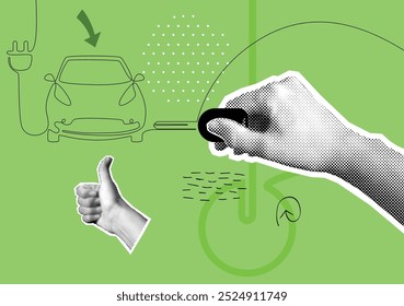 Halftone hand holding electric car key. Vector electric car concept. Single line draw graphic illustration. Caring for the environment.