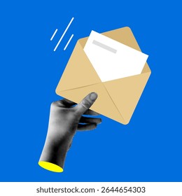 Halftone hand holding envelope with letter. Receive email, message. Concept of communication, chats. Send a newsletter, invitation. Modern collage
