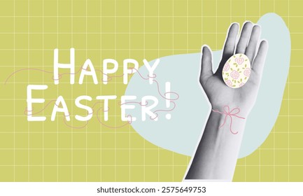 halftone Hand Holding Floral Easter Egg with Happy Easter Text