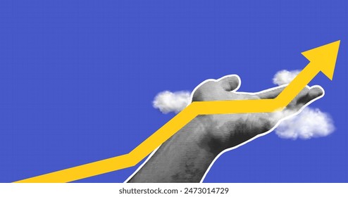 Halftone hand holding a growing up arrow. Concept successful business, investment, market trading. Vintage trendy finance vector illustration in retro style.