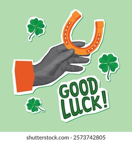 Halftone hand holding a horseshoe, four leaf clover and hand written Good Luck. Vector collage elements with cut out shapes. Retro style object for banner, card, stickers. Flat color illustration.