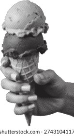 Halftone Hand Holding Ice Cream Cone, Black and White Pop Art Food Illustration