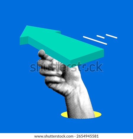 Halftone hand holding a large arrow. Modern collage. Business growth concept. Successful development. Financial strategy. Leadership concept. Investment income. Increasing profit. Path to goal