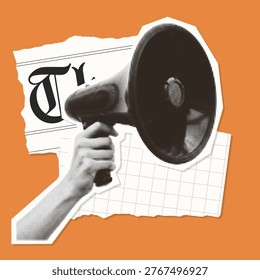 Halftone hand holding megaphone with torn gothic newspaper and grid paper. Vintage collage sticker on orange background.