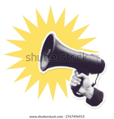 Halftone hand holding megaphone with yellow starburst. Vintage pop art paper sticker cutout isolated on white background.