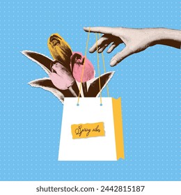 Halftone hand holding paper bag with tulip flowers. Spring vibes card Modern vector illustration can used t-shirt print, web emblem. Retro dotted texture art.