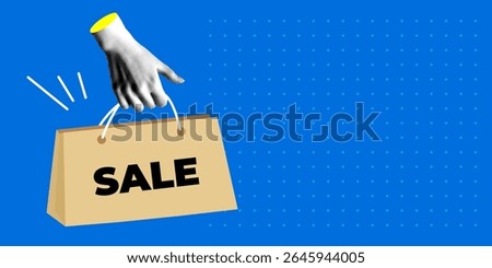 Halftone hand holding paper shopping bag with Sale inscription. Sale banner. Advertising banner with copy space. Modern collage