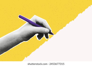 Halftone hand holding pen or stylus and writing on torn paper piece art collage banner template with copy space for text. Cut out shapes, hand gesture. Grunge modern retro vector illustration