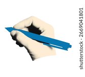 Halftone hand holding pen and writing trendy collage element. Modern retro vector illustration on transparent background for mixed media design