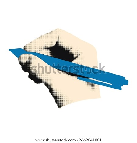 Halftone hand holding pen and writing trendy collage element. Modern retro vector illustration on transparent background for mixed media design