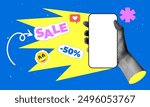 Halftone hand holding a phone with a blank screen. Modern collage on the theme of online shopping. Torn paper elements. Pop art style sale banner. Trendy newspaper elements. Social media concept