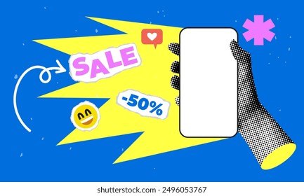 Eine Halbtonhand, die ein Telefon mit einem leeren Bildschirm hält. Moderne Collage zum Thema Online-Shopping. Zerrissene Papierelemente. Pop Art Banner Verkauf. Trendy Zeitungselemente. Social-Media-Konzept