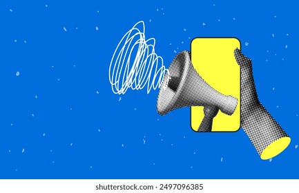 Halftone hand holding a phone with loudspeaker sticking out of the screen. Retro style megaphone announces sale. Online shopping concept. Advertising  banner with bullhorn and copy space